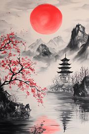 Japanese landscape with red sun by Poster Art Shop