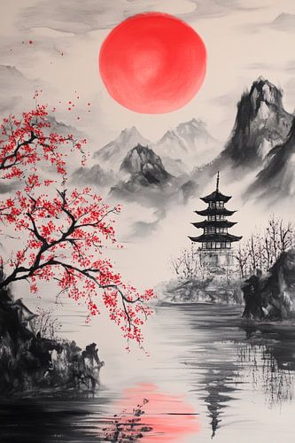 Japanische Landschaft mit roter Sonne