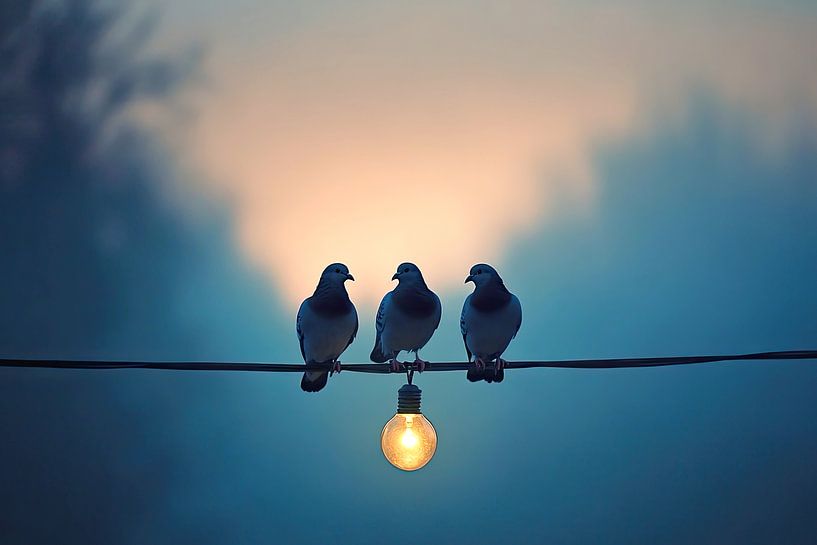 Magical evening scene with doves and warm light bulb by Vlindertuin-Art
