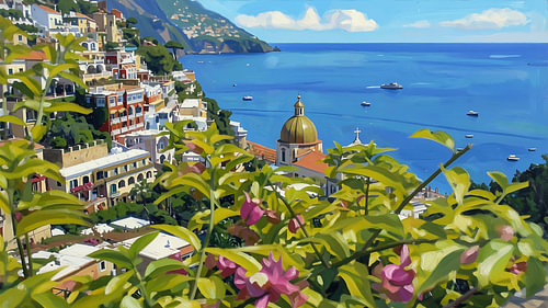 „Über die Bougainvillea-Balustrade“: ein Gemälde von Positano an der Amalfiküste