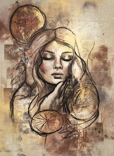 Portret in Art Journal stijl - warme taupe tinten met goud accenten