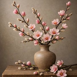 Roze magnoliatak in aardewerken vaas van Kleurenrijk