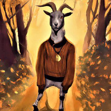 Coole geit met oranje trui poseert in een bos tijdens golden hour van Maud De Vries