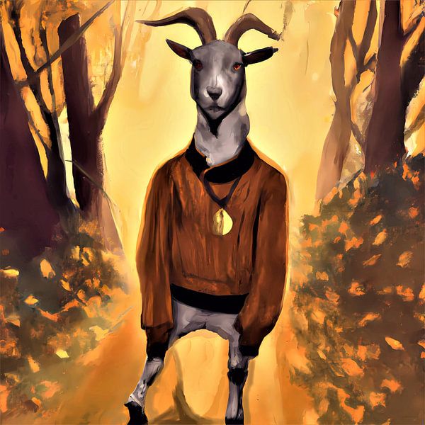 Cool goat with orange sweater poses in a forest during golden hour by Maud De Vries