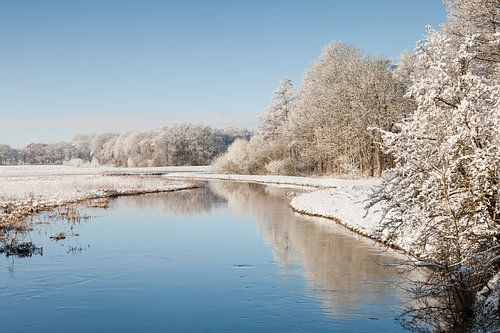 Winter river with reflection of snowy trees
