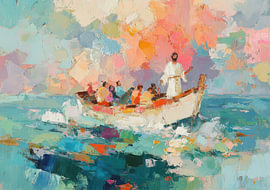Jésus dans une barque sur le lac de Génésareth - Art chrétien haut en couleur sur Niklas Maximilian