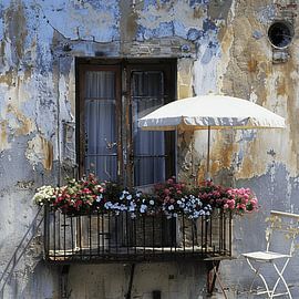 Balcony Summer Facade Flowers Parasol Calm