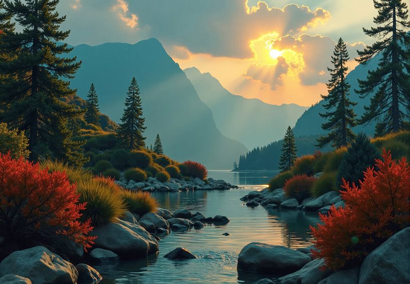 Mountain Lake Sunset with Autumnal Vegetation and Coniferous Tre by Markus Gann