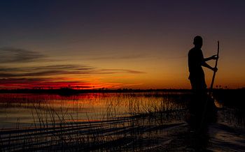 Varen door Okavango bij zonsondergang