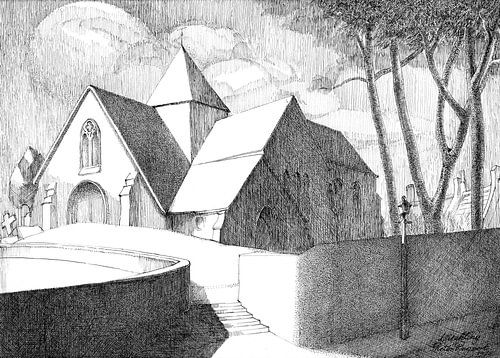 Ink drawing on paper; St Margaret's Church - Ditchling - UK