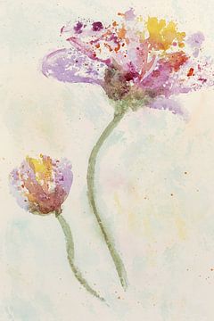 Vrolijke kleurrijke bloemen (abstract aquarel schilderij lente planten tulpen rozen close-up paars) van Natalie Bruns
