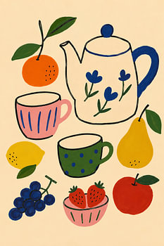 Theepot en fruitstilleven