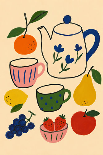 Theepot en fruitstilleven