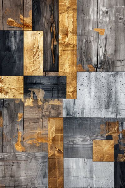 Abstract artwork with hard edges in gold black and grey by Digitale Schilderijen