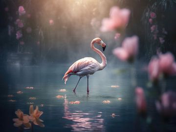 Flamingo in dromerig water van Eva Lee