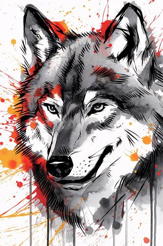 Wolf portret met dynamische inktspatten