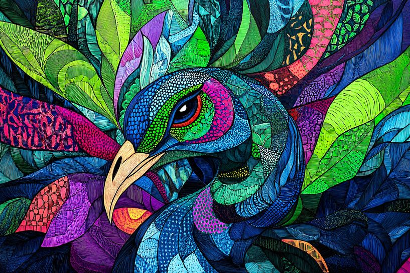Pauw met kleurrijke abstractie van Art & Soul Creations