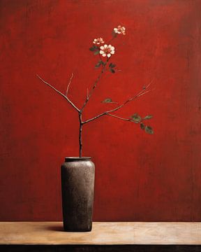 Modern stilleven met bloemen en een rode achtergrond van Studio Allee