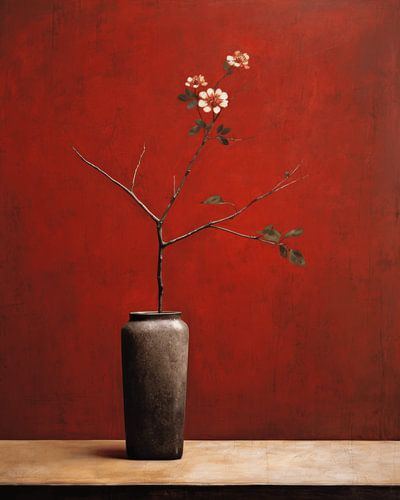 Nature morte moderne avec des fleurs sur fond rouge