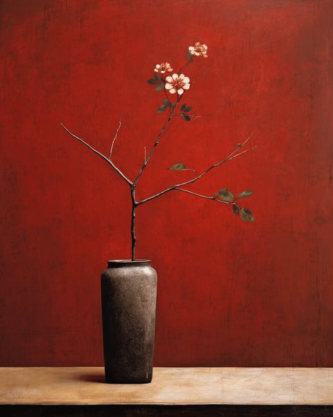 Modern stilleven met bloemen en een rode achtergrond van Studio Allee