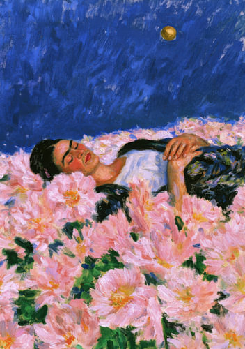 Frida amidst a sea of peonies in the moonlight
