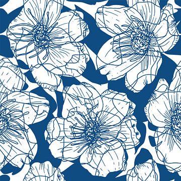 Bloemen in retro stijl. Moderne abstracte botanische kunst. Pastelkleuren donkerblauw en wit van Dina Dankers