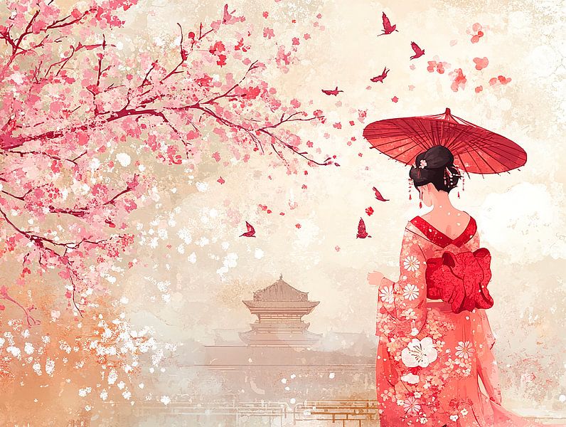 Japanse geisha in japanse tuin van Charles Bijl