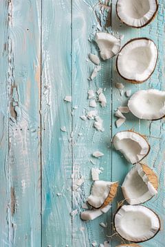 Kokosnoten op lichtblauw hout van Poster Art Shop