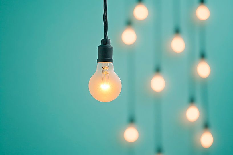 Hanging light bulbs in calming colours by Poster Art Shop