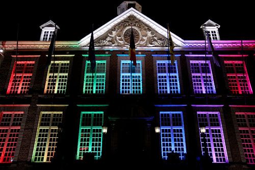 Fesselnde Regenbogen Lichter Gebäude Wand Dekor Fotografie Kunstwerk