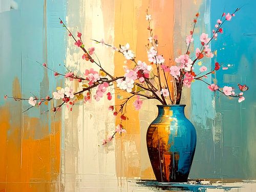 Modern Abstract. Stilleven van vaas met kersenbloesem