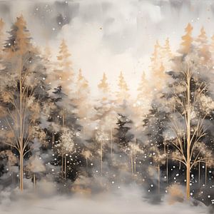 Nature tranquille : Forêt de bouleaux brumeuse dans la neige sur Color Square