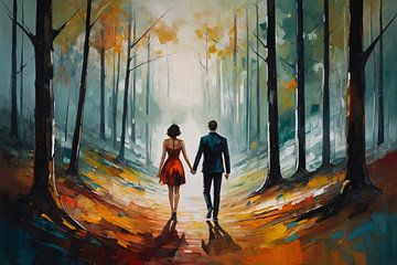 Promenade romantique dans une forêt abstraite sur De Muurdecoratie