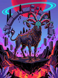 Illustration graphique représentant un autel en lave avec des cornes recourbées, orné de la rune « Cosmic Ram Goat » sur The Deeper Way