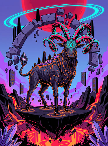 Kosmische ram-geit-rune met gebogen hoorns en lava-altaar – grafische illustratie