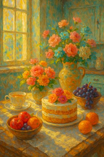 Landelijke Zoetebrunch – bloemen, fruit & taart in warm ochtendlicht