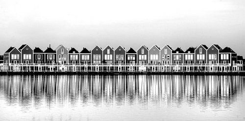 Kleurrijke huizen aan de Rietplas in Houten (zwartwit)