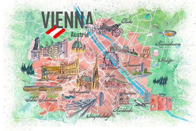 Vienna Austria Illustrated Map with Roads Landmarks and Highlights by Markus Bleichner