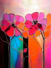 Modernes abstraktes Stillleben. Blumen in Neontönen von STUDIO ARTSY