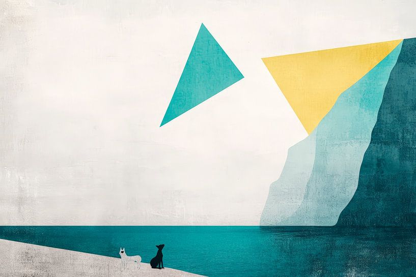 Dog and man on a geometric beach by Poster Art Shop