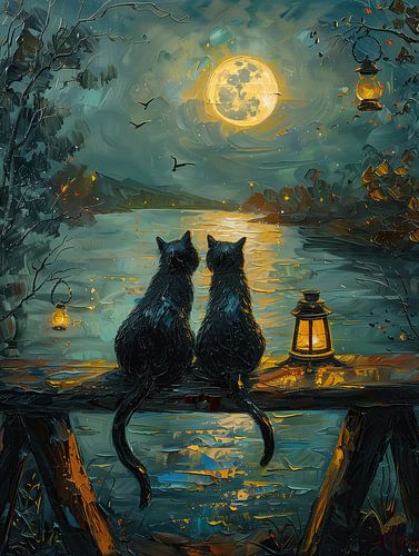 Twee zwarte katten in het stille maanlicht