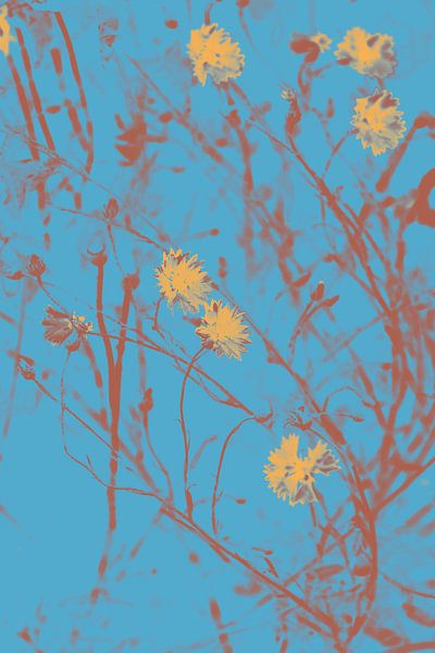 Cornflowers in natural yellow, terra and blue. Retro style. by Dina Dankers