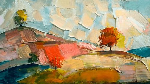 A modern abstract Mediterranean hillside landscape in autumn