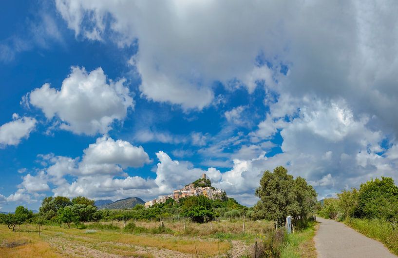 View of a historic village on top of a mountain with a castle, Posada, Sardinia, Italy by Rene van der Meer