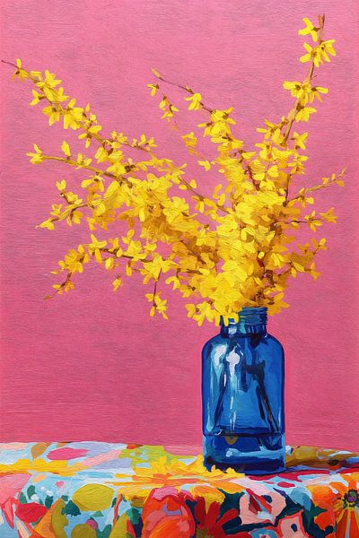 Gouden Forsythia in Blauw no.5 van Studio BB