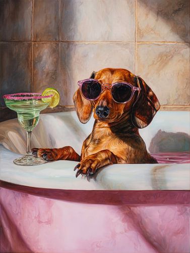 Teckel dans un bain moussant rose avec un cocktail et un regard humoristique ensoleillé