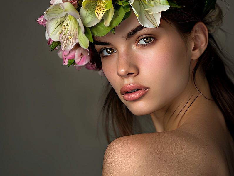 portrait fantaisiste d'une femme avec des fleurs par Egon Zitter