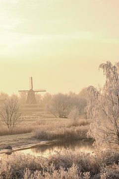 Windmühle in einer Winterlandschaft am Fluss IJssel von Sjoerd van der Wal