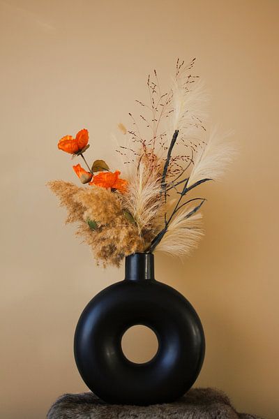 Modern serenity - flowers in black round vase portrait by Masterpiece Living