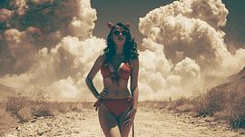 Cloudy sky, Retro-Surrealism: woman in a landscape